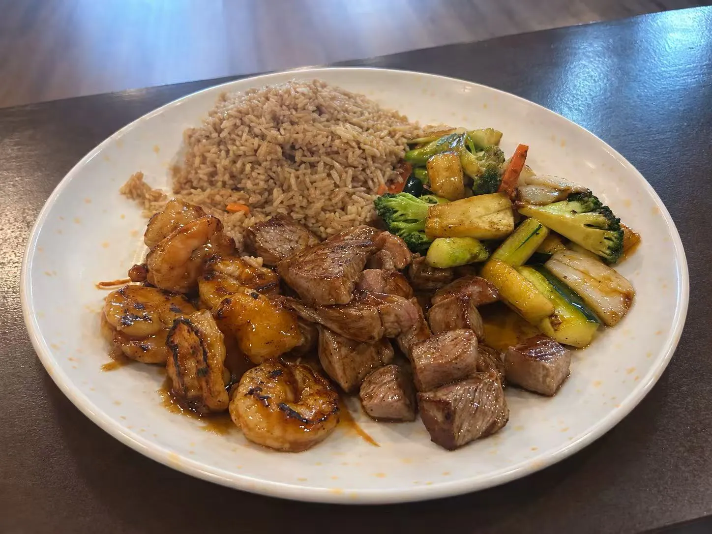 Hibachi plate with grilled shrimp, steak, fried rice and mixed stir‑fried vegetables at Sakura Sushi Restaurant, a Japanese Restaurant in Live Oak